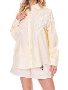 Embroidered Pearl Embellished Cotton Button Down Butter Yellow